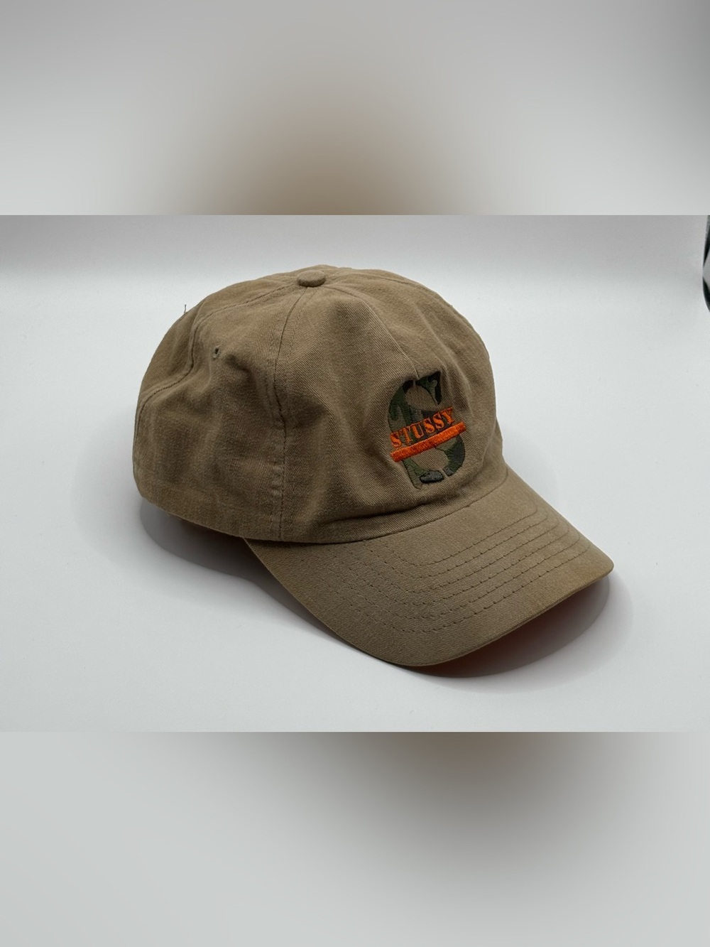 Vintage Stüssy Corduroy Strap Hat Khaki Tan Embroidered Logo Cap USA Streetwear